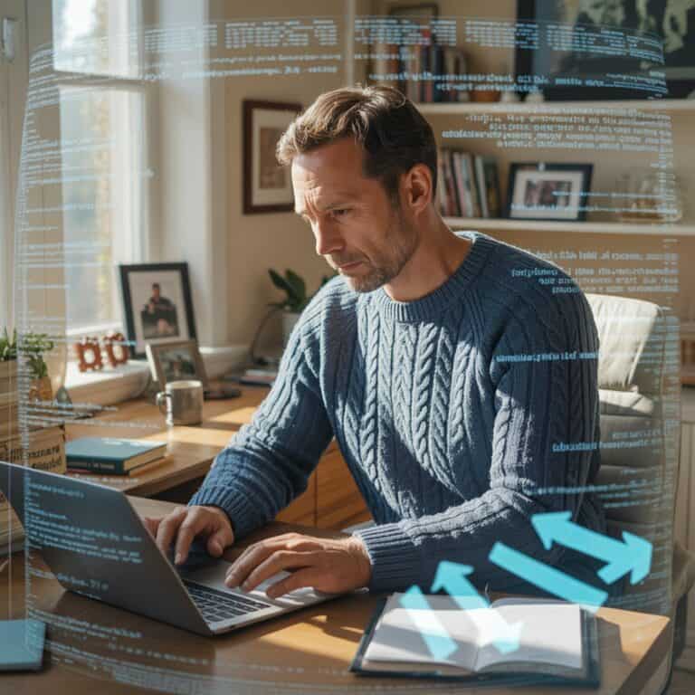 man working on laptop in home office with AI assistance