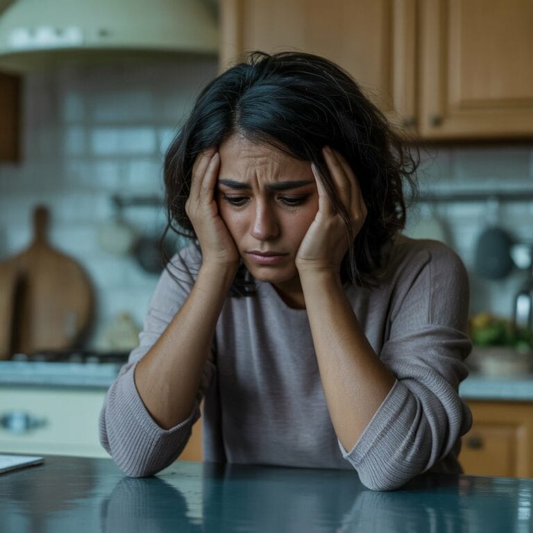 sad woman sitting at kitchen table